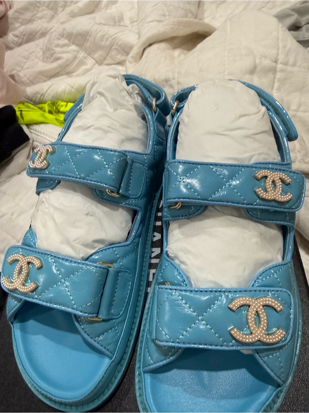 Inspired Quilted Patent Leather Sandals in Sky Blue with Pearl Logos